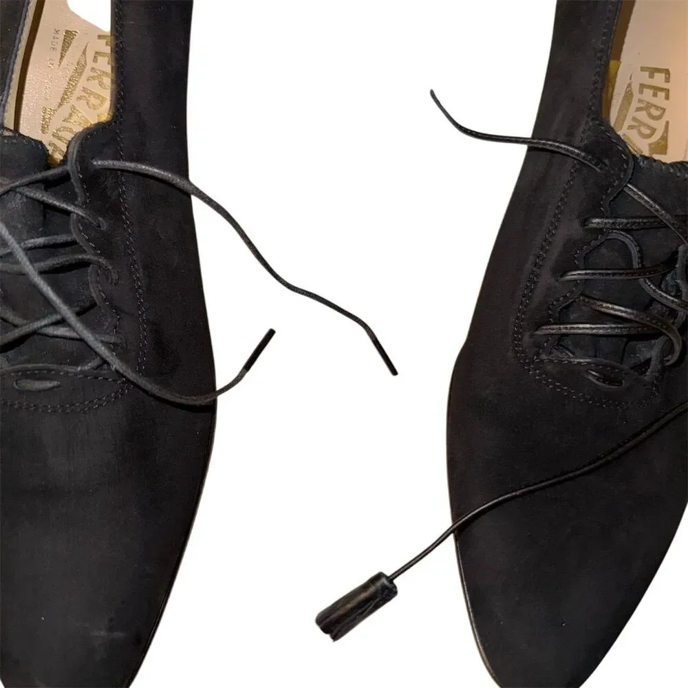 Salvatore Ferragamo Women's Vintage Size 8 Narrow‎ Black Suede Lace-Up Shoes